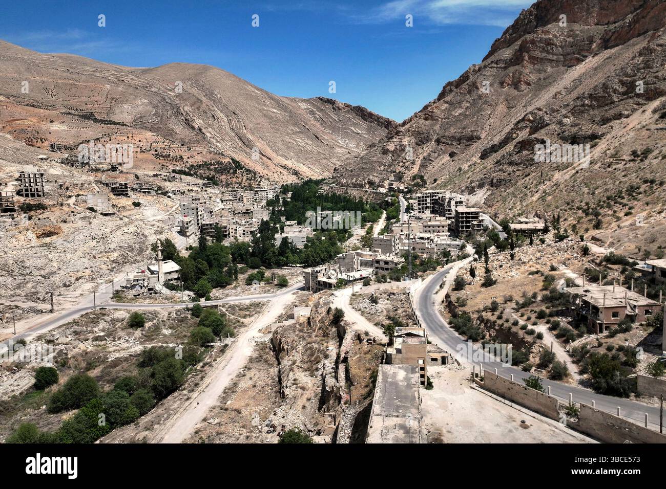 Aerial view of the nearly dry Ein el-Fijeh spring in the Barada Valley ...