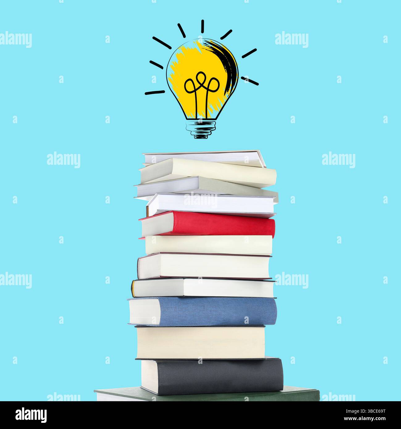 Light bulb illustration in air over stack of books on light blue ...