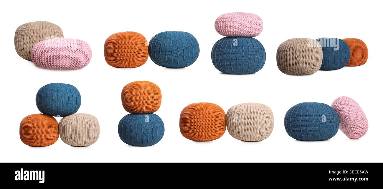 Different knitted poufs isolated on white, collage. Interior element Stock Photo
