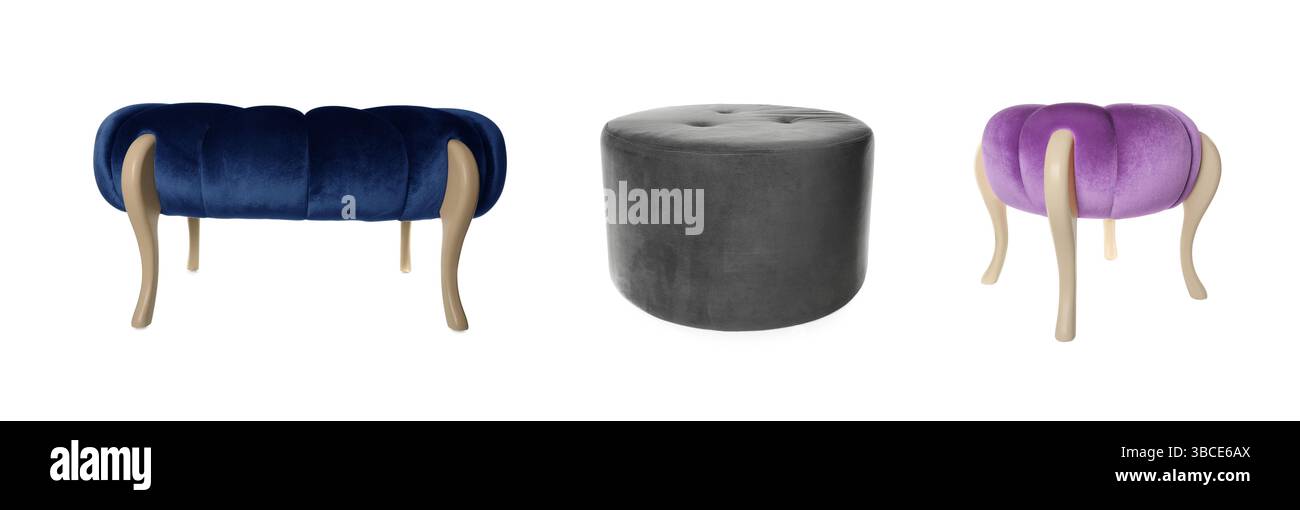 Different poufs isolated on white, collage. Interior element Stock Photo