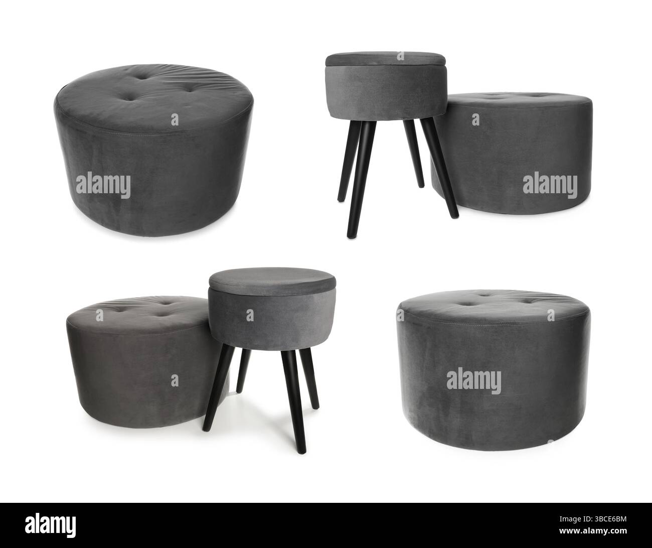 Different poufs isolated on white, collage. Interior element Stock Photo