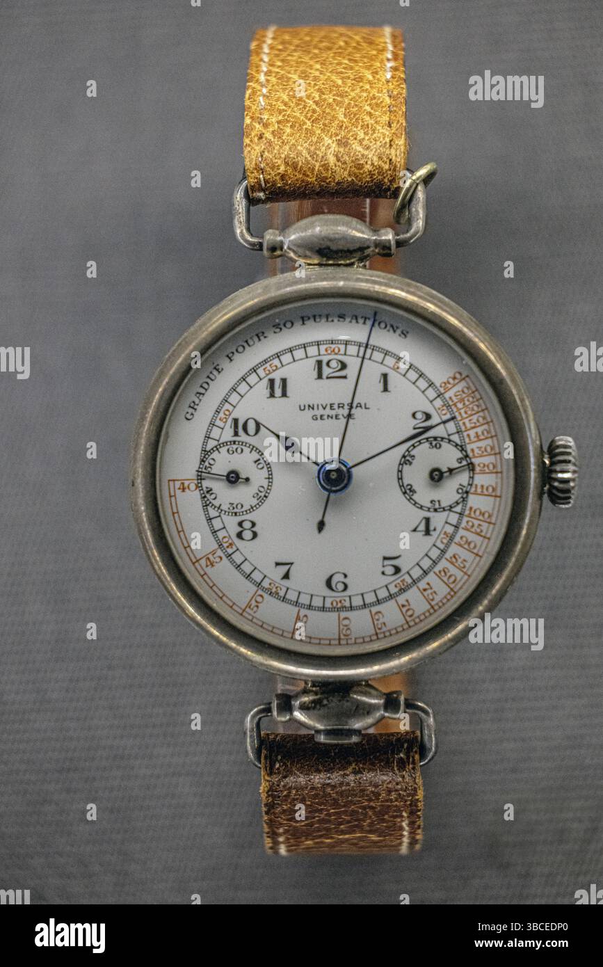 Vintage Universal Geneve watch at the  Musée international d'horlogerie , International Watchmaking Museum,  La Chaux-de-Fonds. Stock Photo