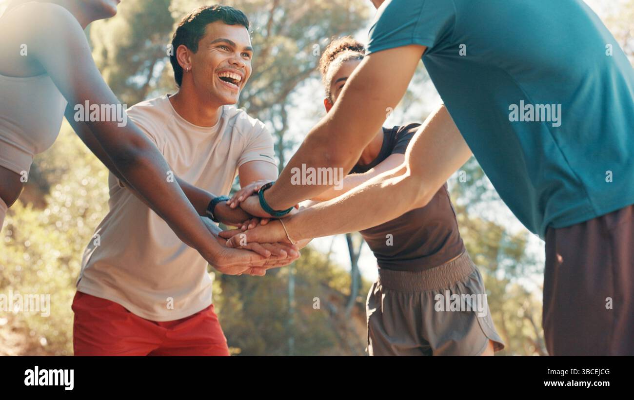 Fitness, huddle and running with friends outdoor together for bonding ...