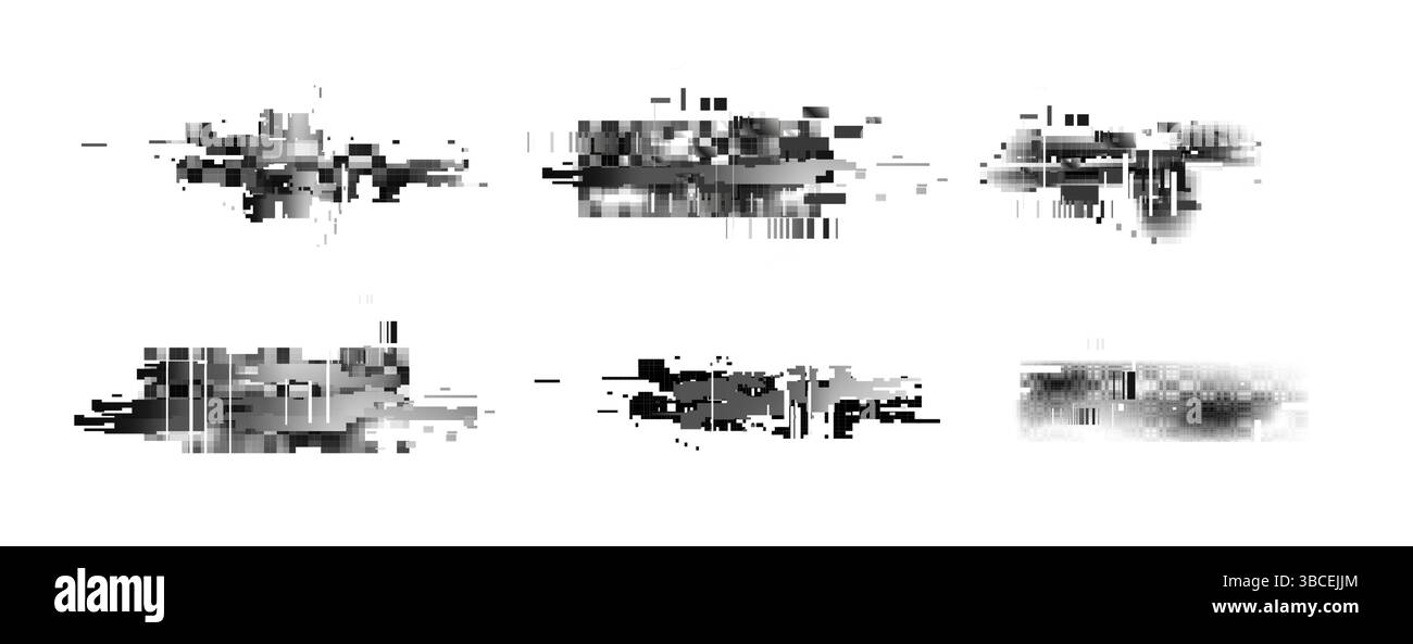 Pixel glitch distortion textures - black and white grainy noise and random squares. Horizontal scanlines and digital artifacts. Retro futuristic elements set for overlay design in cyberpunk style. Stock Vector