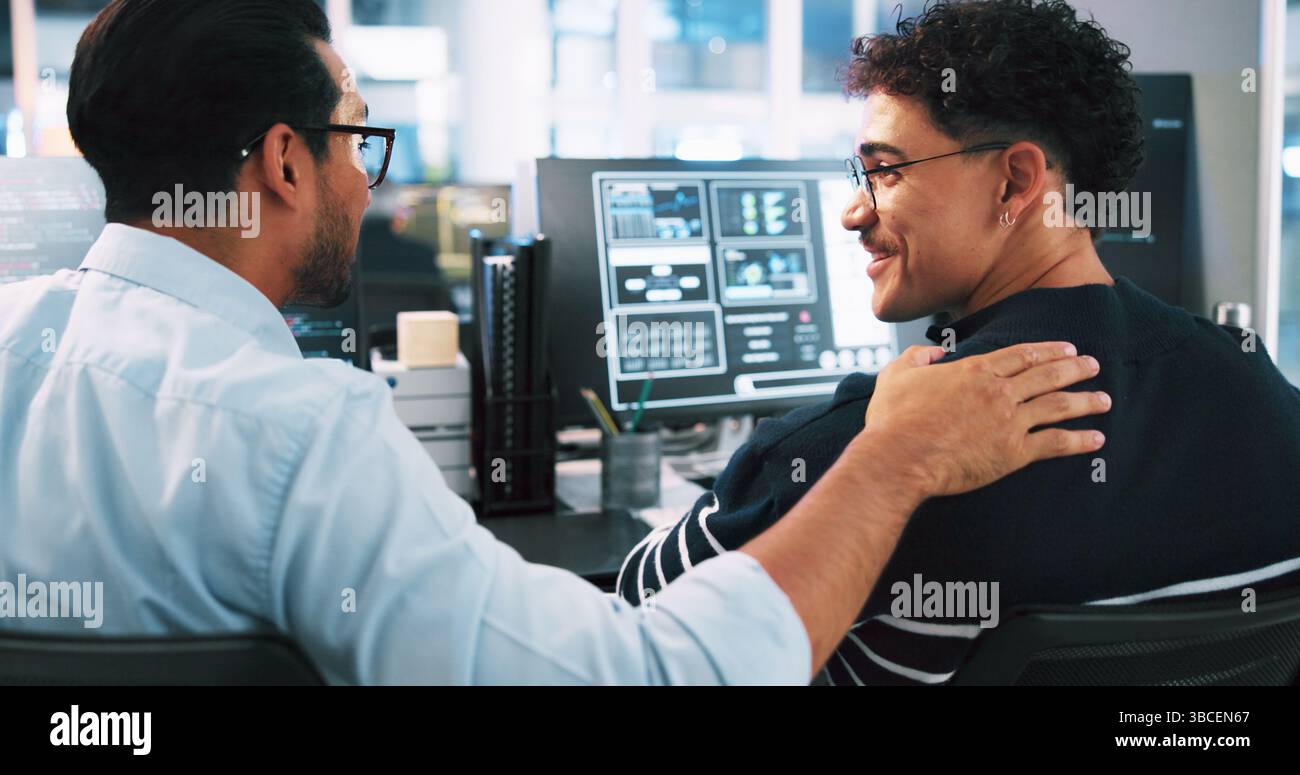 Web developer, smile and coding in office for software, system or website update advice. Night, programmer and backend engineer with feedback for Stock Photo