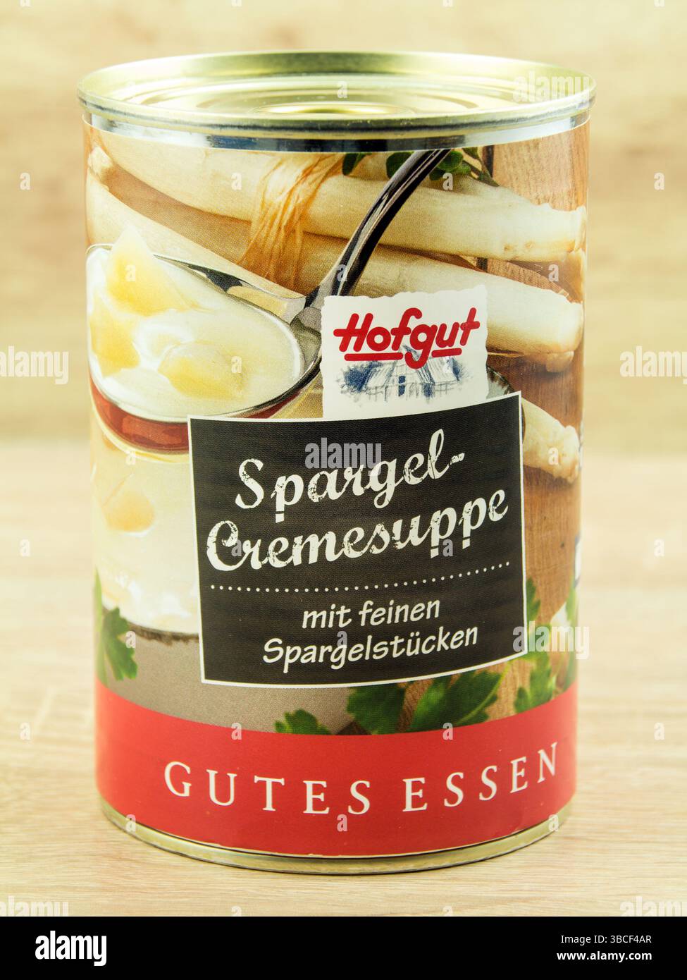 Hofgut Spargel Cremesuppe Hintergund Holz Stock Photo