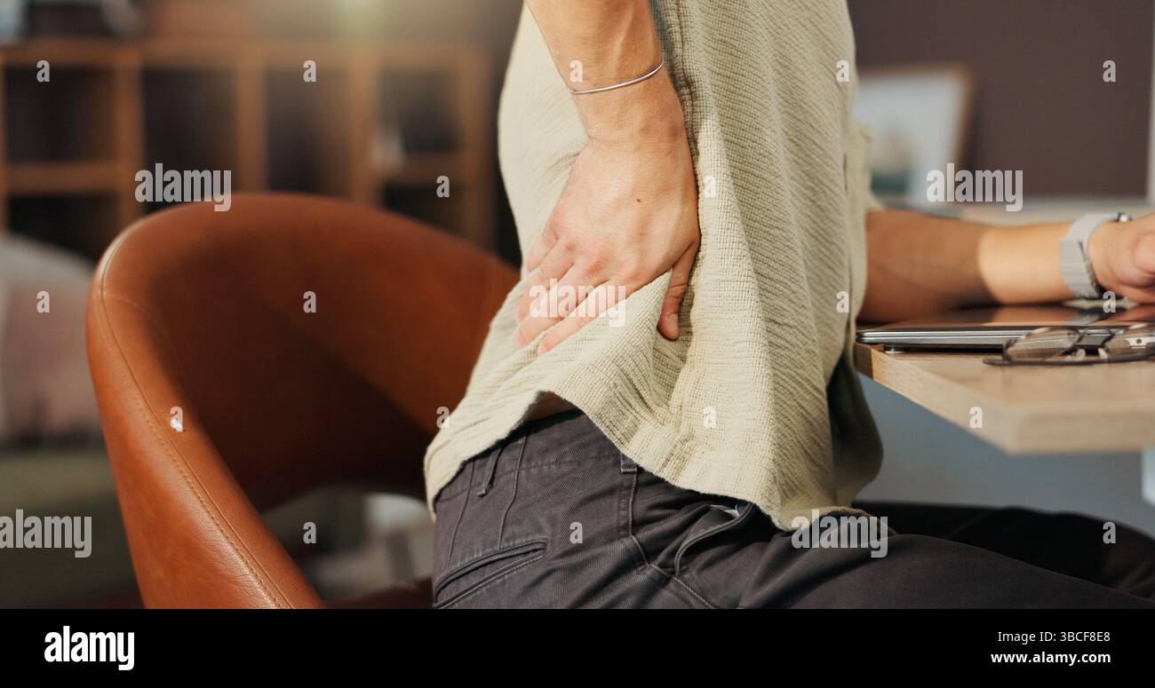 Posturing Injury Back pain, injury and person at desk with posture problem, burnout or ...