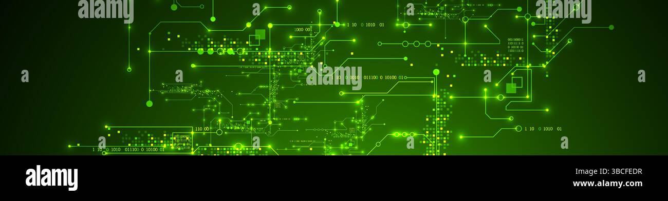 Digital circuit visualization vector background.  Green board pattern with interconnected lines, nodes, and binary code. Stock Vector