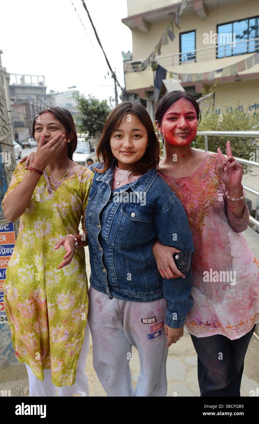 Portrait of Nepali teenagers taken during the Holi festival in Kathmandu, Nepal. Stock Photo