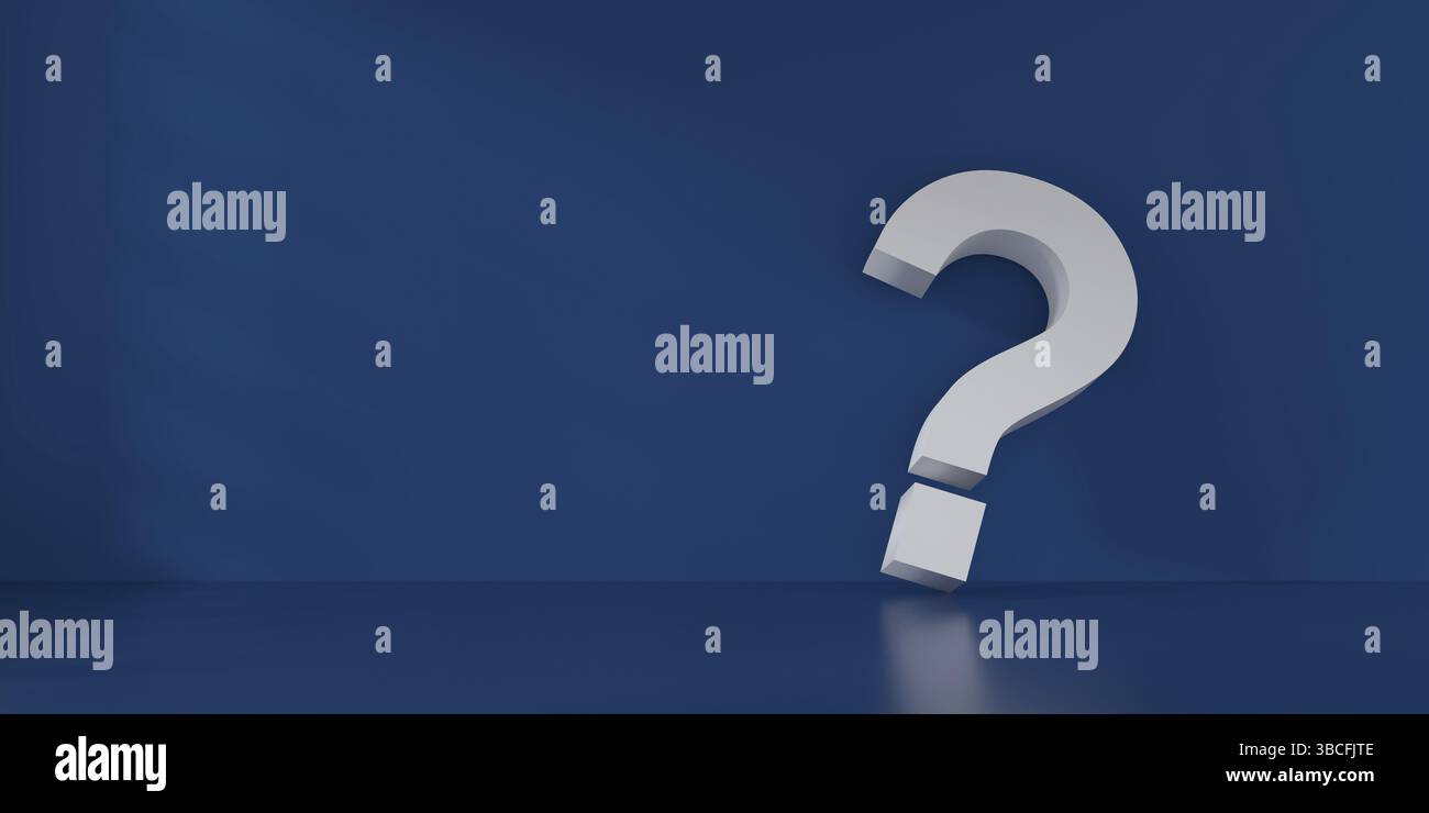 Fine 3d concept with a white question mark icon in a blue room with ...
