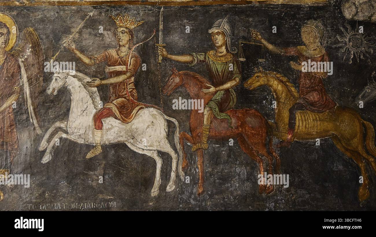 Medieval fresco showing riders on colourful horses depicting a ...