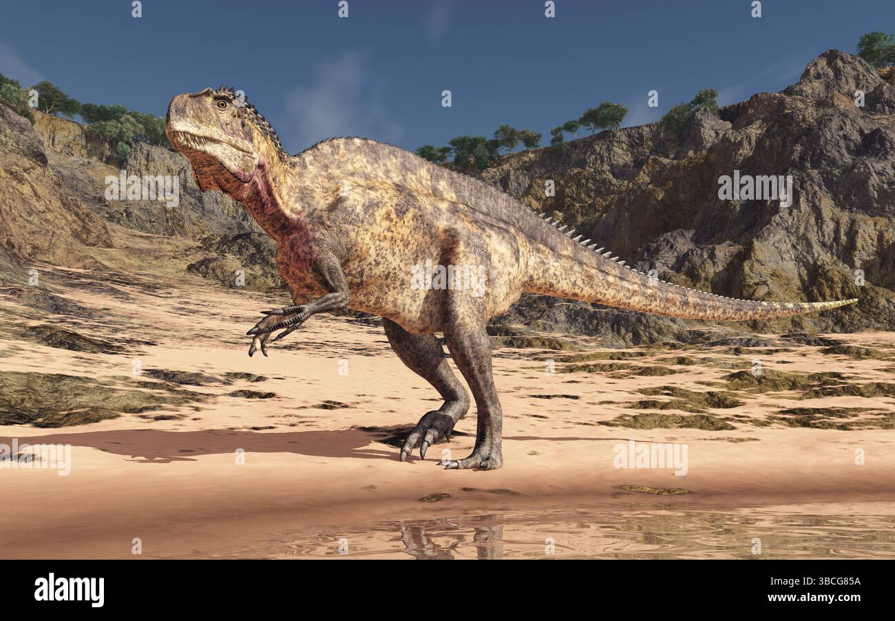 Dinosaur Acrocanthosaurus in a coastal landscape Stock Photo