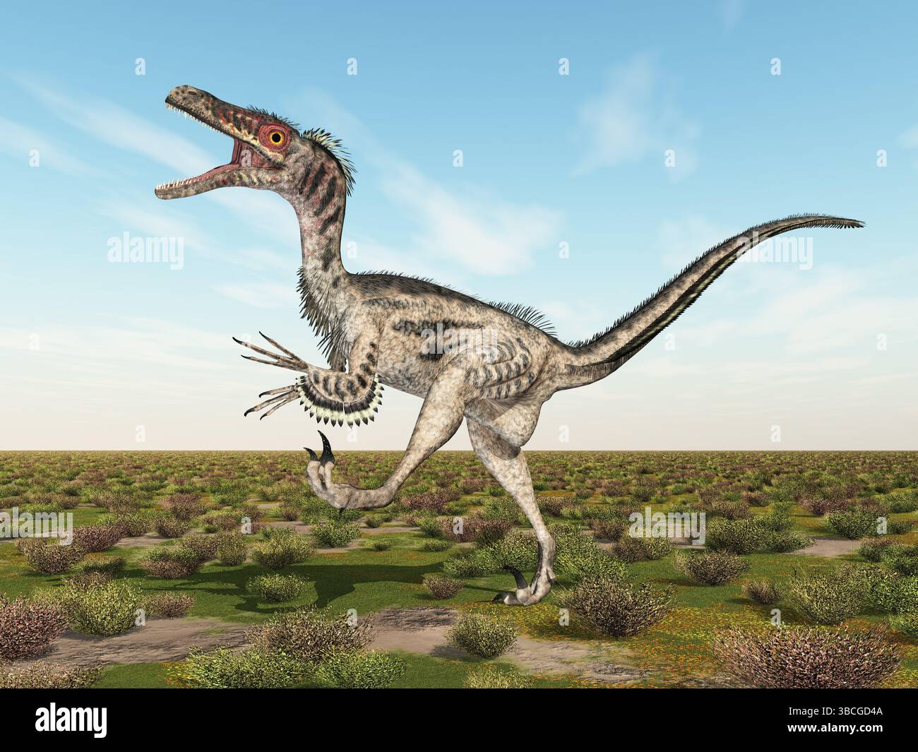 Dinosaur Velociraptor in a landscape Stock Photo