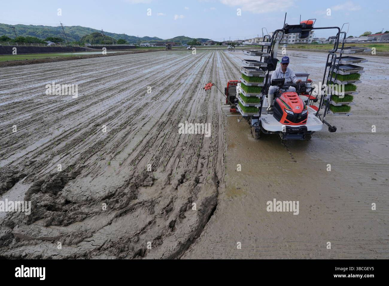 A photo shows rice planting using an autonomous rice planting machine ...