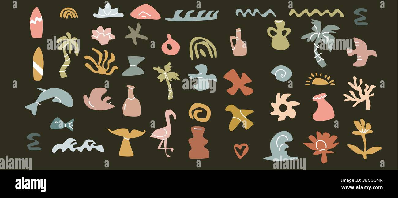 Boho summer elements collection with tropical symbols for design projects. Stock Vector