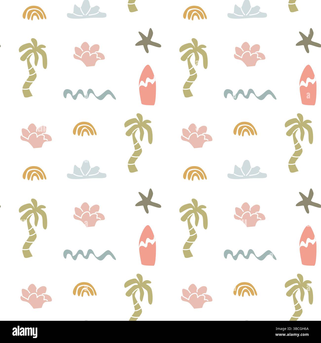 Boho summer pattern with palm trees, surfboards, and waves for creative design. Stock Vector