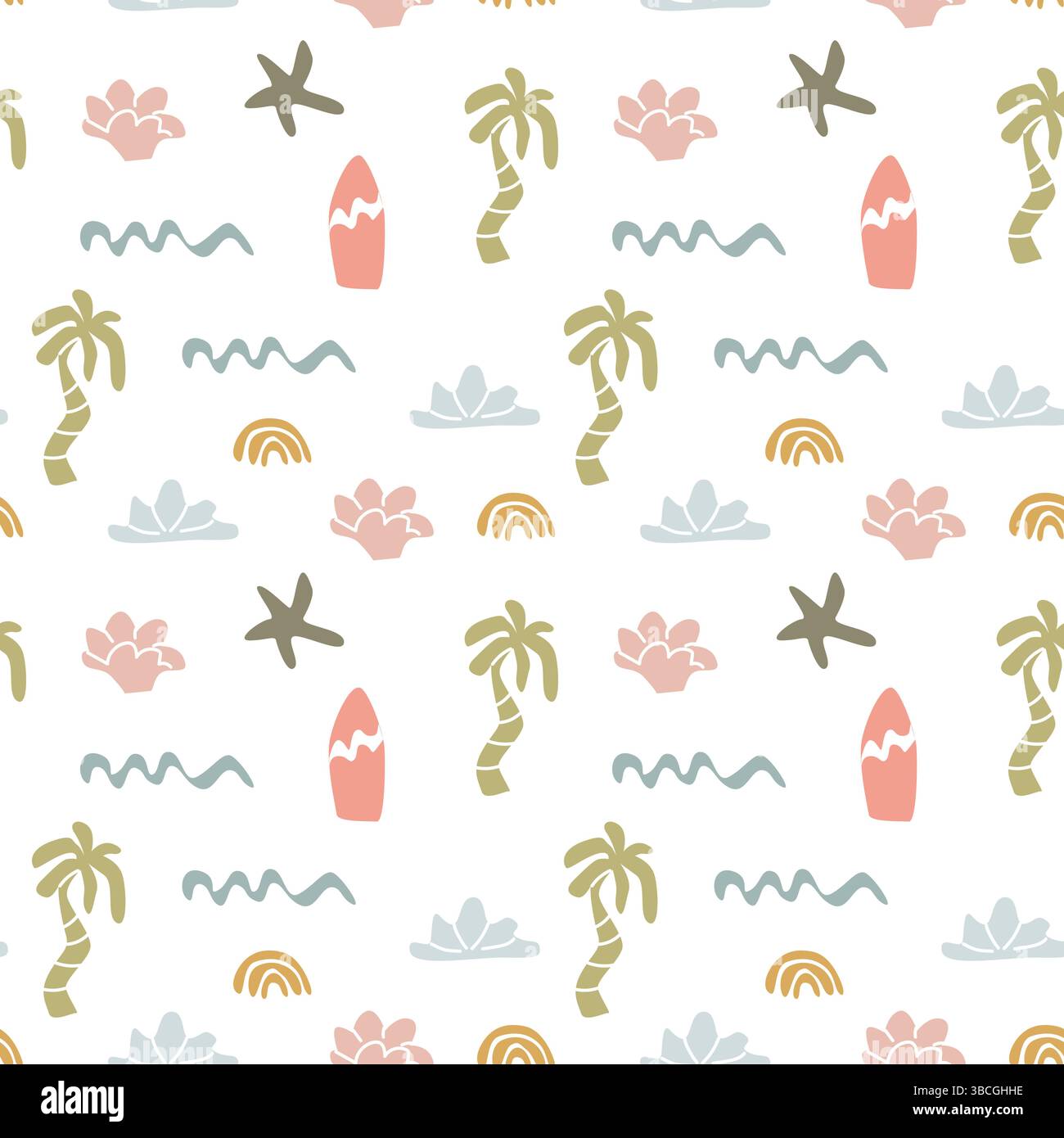 Boho summer elements pattern with palm trees, surfboards, and waves for design projects. Stock Vector