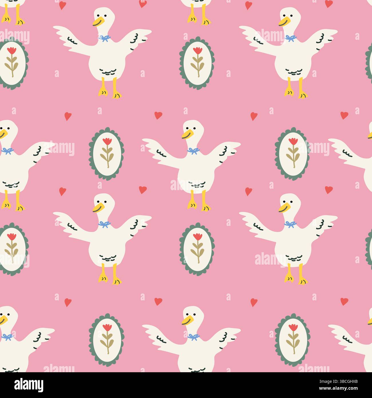 Whimsical cottage core pattern with ducks and floral elements. Stock Vector