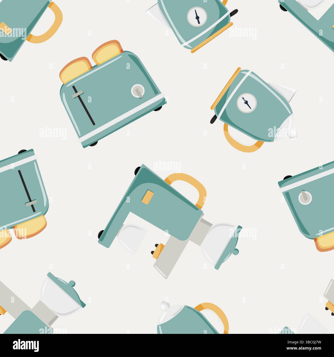 Seamless pattern with retro toaster, kettle and coffee machine Stock Vector