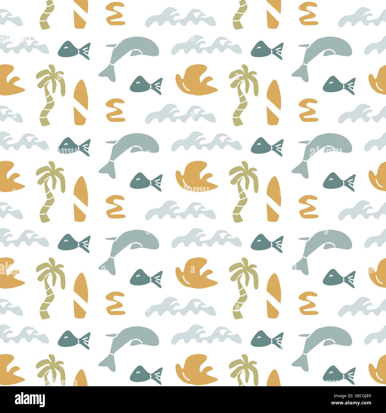 Boho summer elements pattern with tropical fish, waves, and palm trees for design. Stock Vector