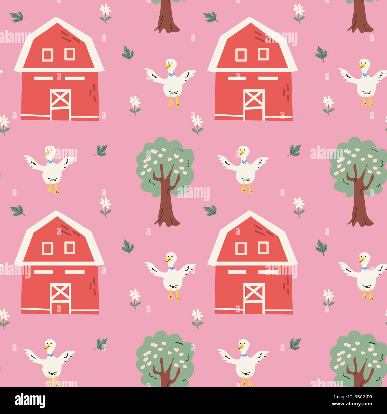 Charming cottage decor pattern with barns, trees, and ducks - perfect for rustic design projects. Stock Vector