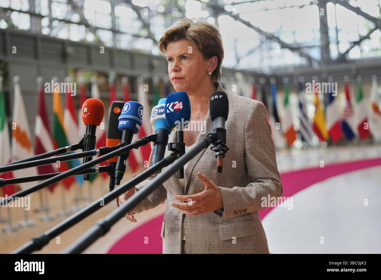 Latvia's Foreign Minister Baiba Braze speaks with the media as she ...