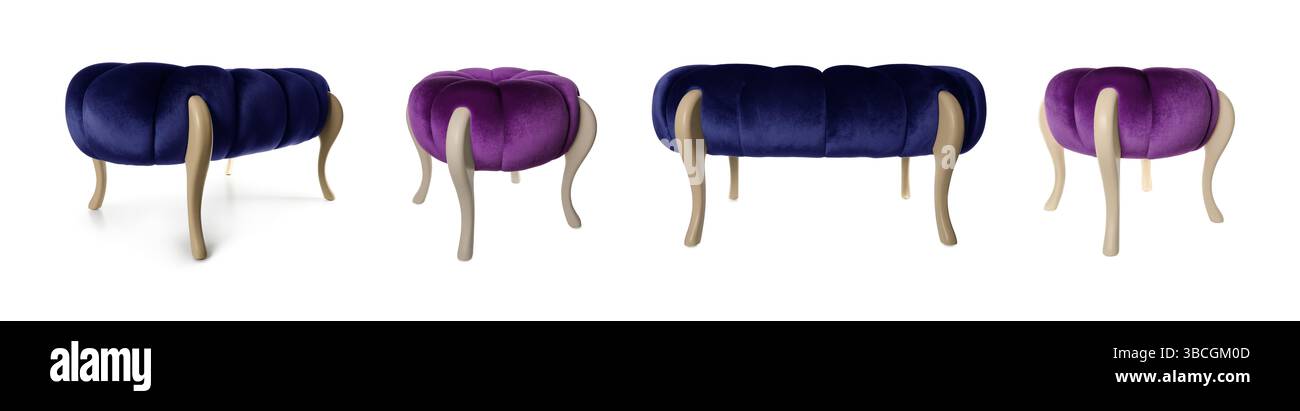 Different poufs isolated on white, set. Interior element Stock Photo
