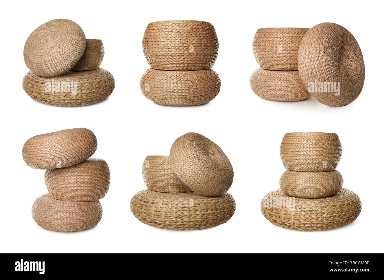 Straw poufs isolated on white, collage. Interior element Stock Photo