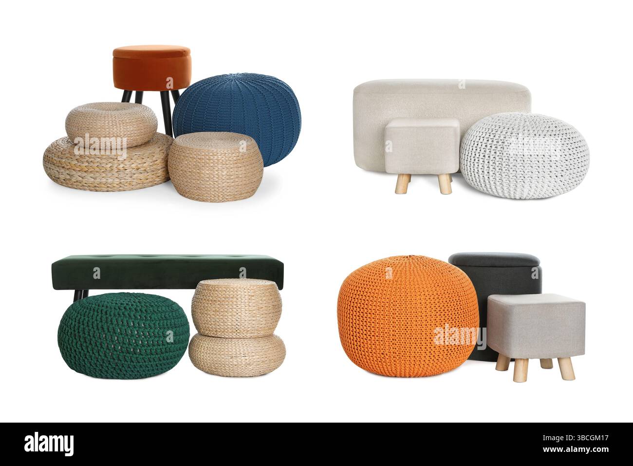 Different poufs isolated on white, collage. Interior element Stock Photo