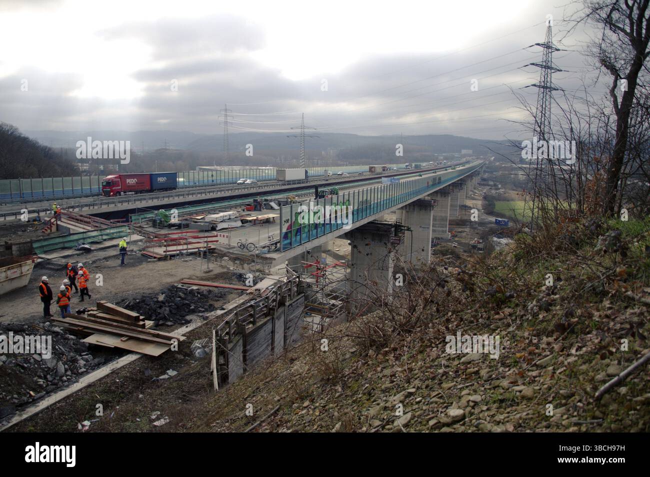 The new Lenntal bridge on the A45 motorway near Hagen was moved to its final position within six hours Stock Photo