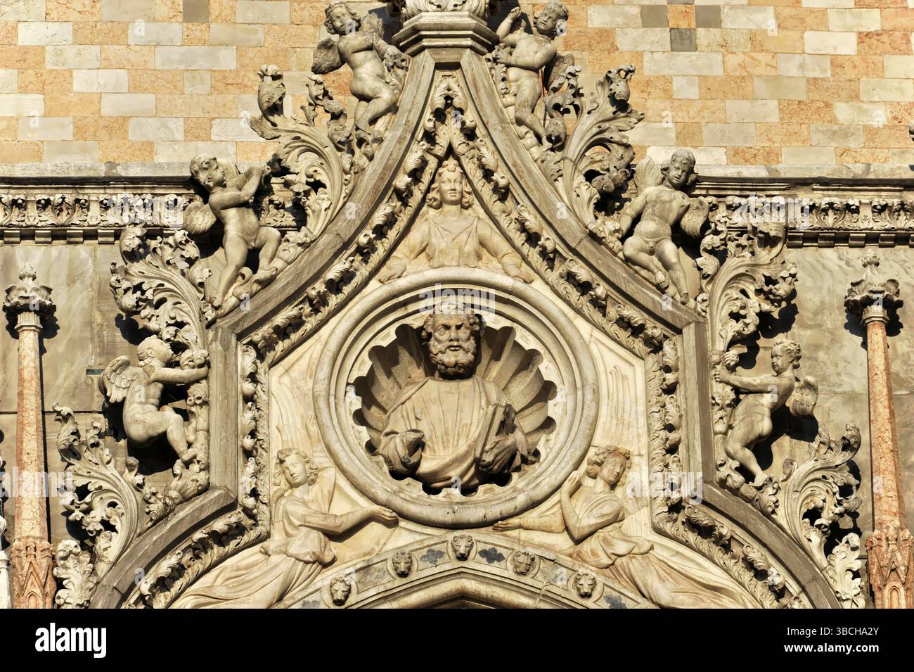 Venice, Veneto, Italy, Europe, Artfully designed facade with reliefs ...