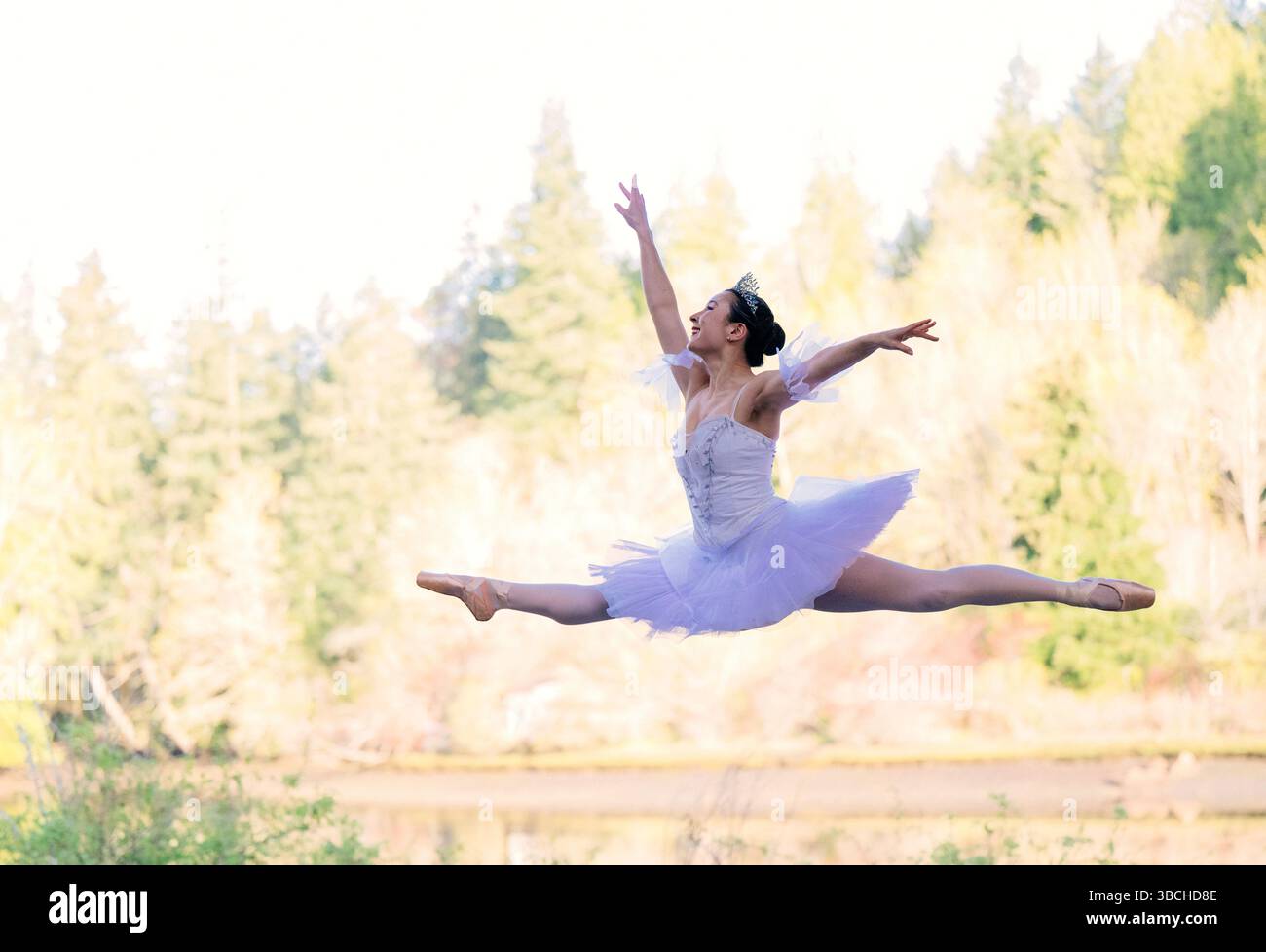 Ballerina leaps gracefully in a forest setting wearing a white tutu ...