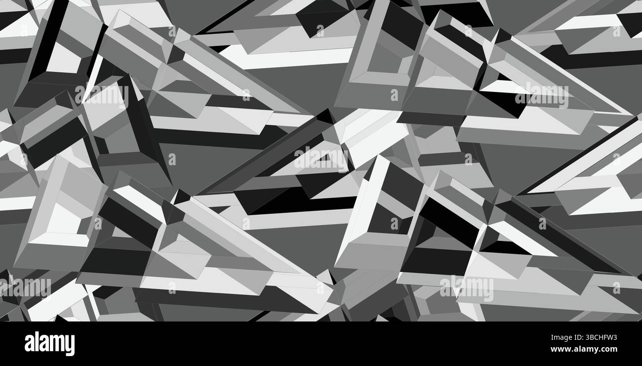 Elevate your designs with this striking abstract geometric background featuring black and white 3D shapes. Ideal for wallpapers and digital art. Stock Vector