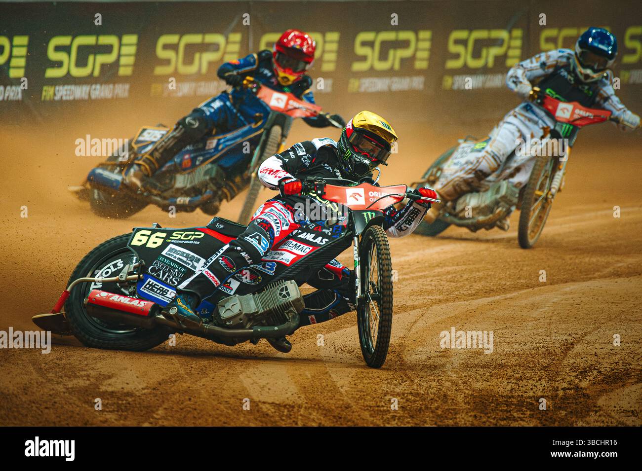WARSZAWA, POLAND – MAY 17, 2025: Orlen Oil FIM Speedway Grand Prix of Poland in PGE Narodowy 2025. In photo Fredrik Lindgren (66, Sweden). Stock Photo