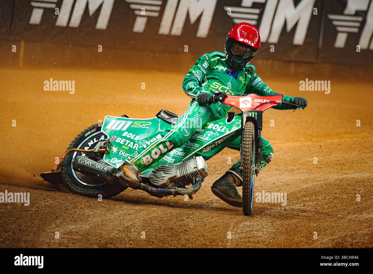 WARSZAWA, POLAND – MAY 17, 2025: Orlen Oil FIM Speedway Grand Prix of Poland in PGE Narodowy 2025. In photo Brady Kurtz (101, green, Australia) Stock Photo