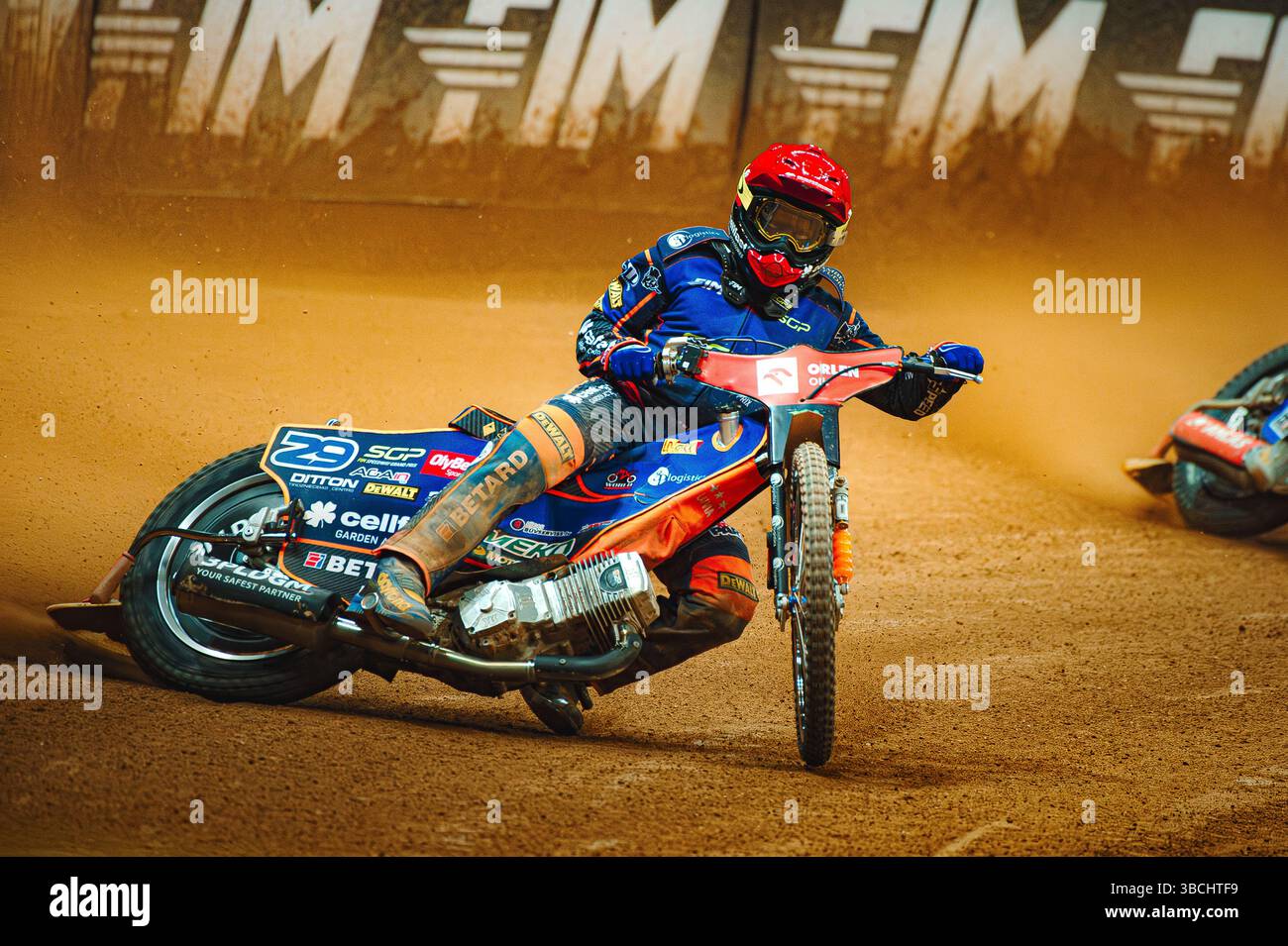 WARSZAWA, POLAND – MAY 17, 2025: Orlen Oil FIM Speedway Grand Prix of Poland in PGE Narodowy 2025. In photo Andžejs Ļebedevs (29, Latvia). Stock Photo