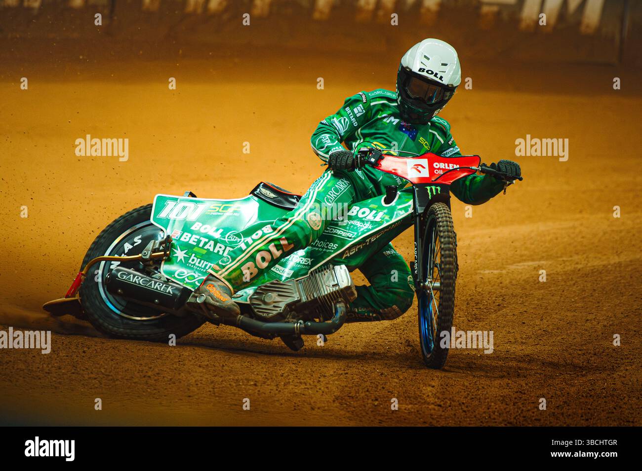WARSZAWA, POLAND – MAY 17, 2025: Orlen Oil FIM Speedway Grand Prix of Poland in PGE Narodowy 2025. In photo Brady Kurtz (101, green, Australia) Stock Photo