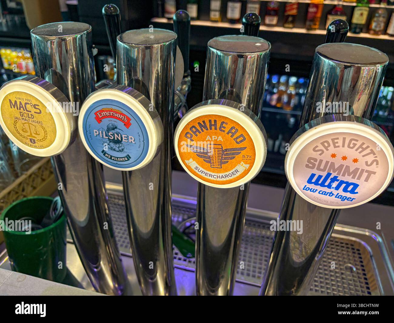 New Zealand beer, draught beer available by Speights, Panhead  and Emersons  at bar in Christchurch international airport, New Zealand - Smartphone Captured Stock Image