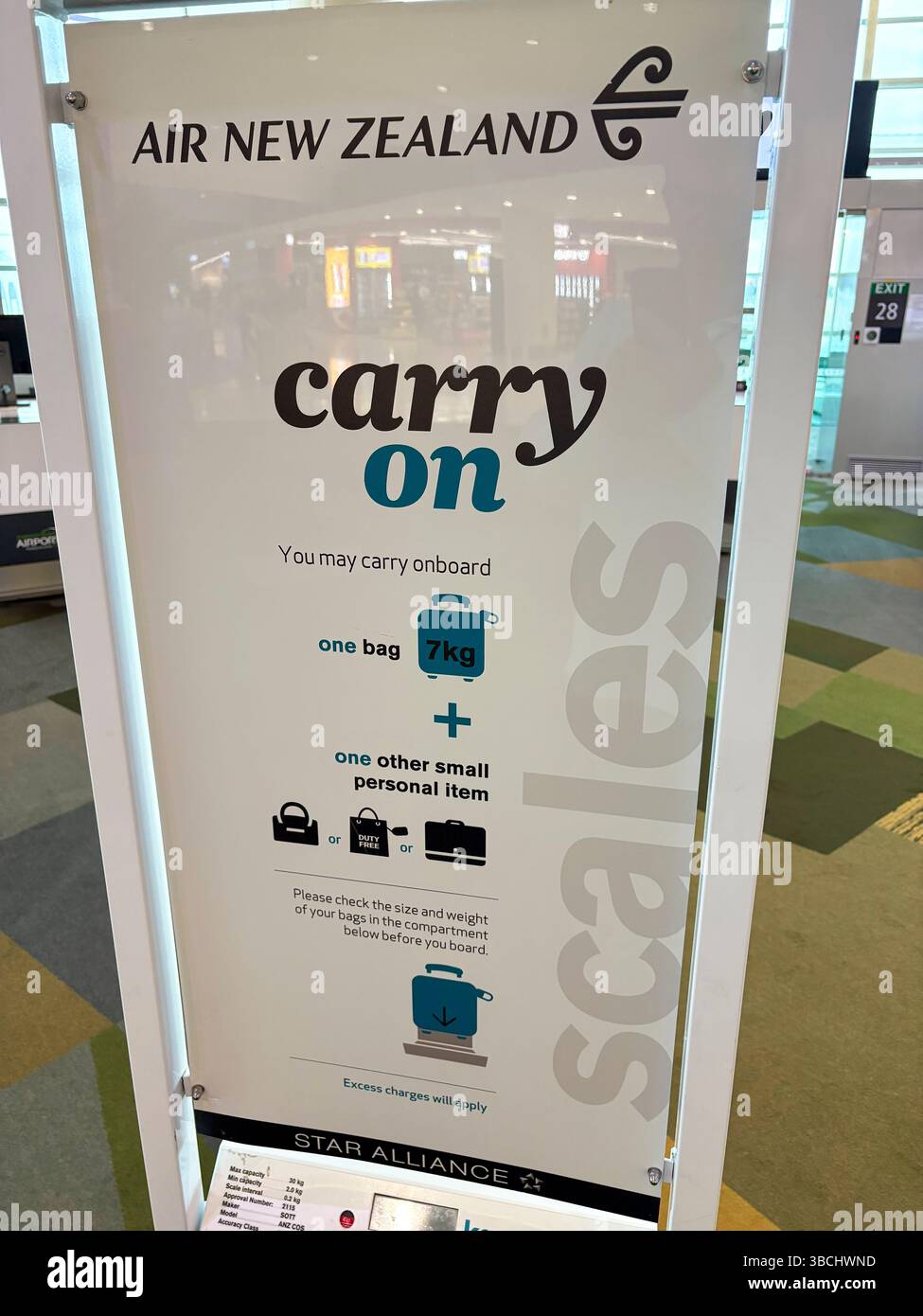 Air New Zealand, sign for carry on luggage requirements at Christchurch international airport,New Zealand - Smartphone Captured Stock Image