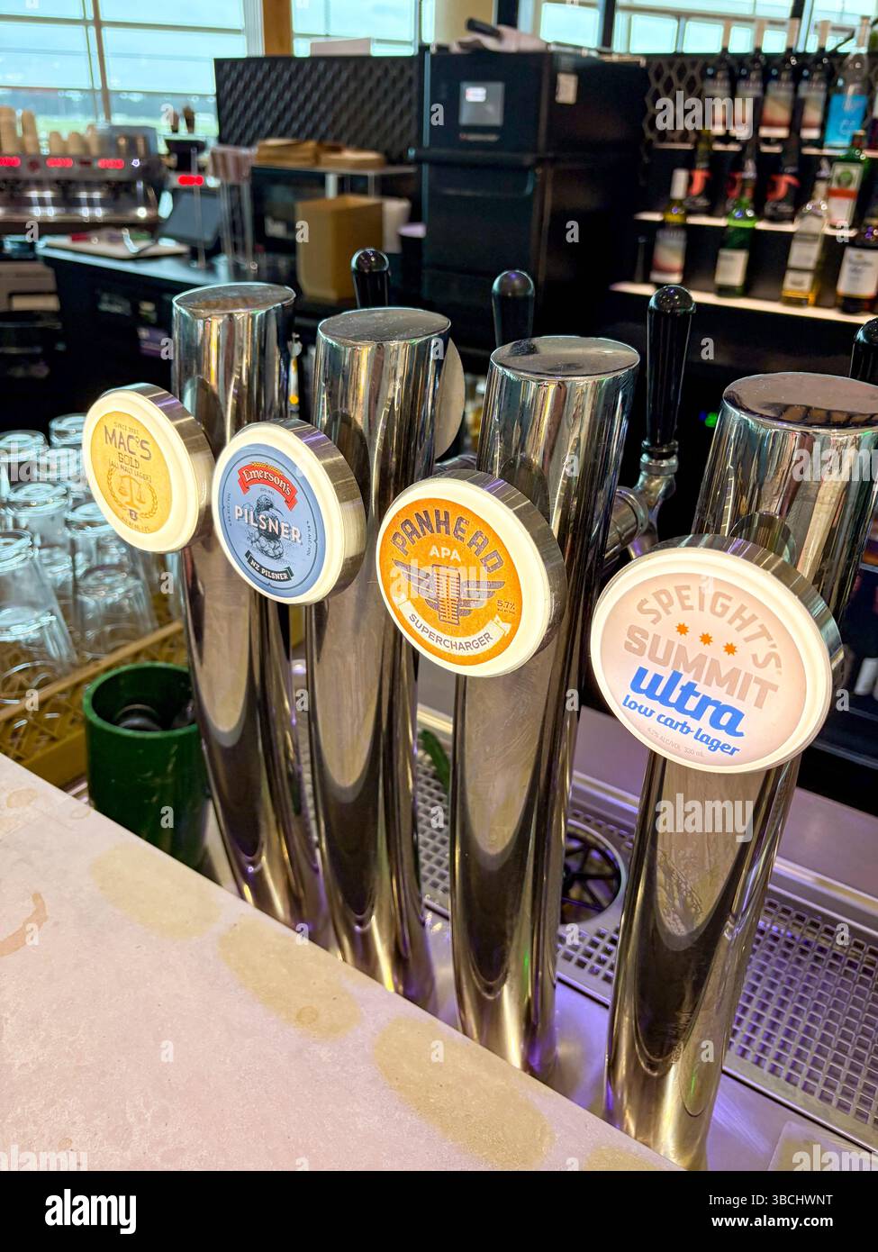 New Zealand beer, draught beer available by Speights, Panhead  and Emersons  at bar in Christchurch international airport, New Zealand - Smartphone Captured Stock Image