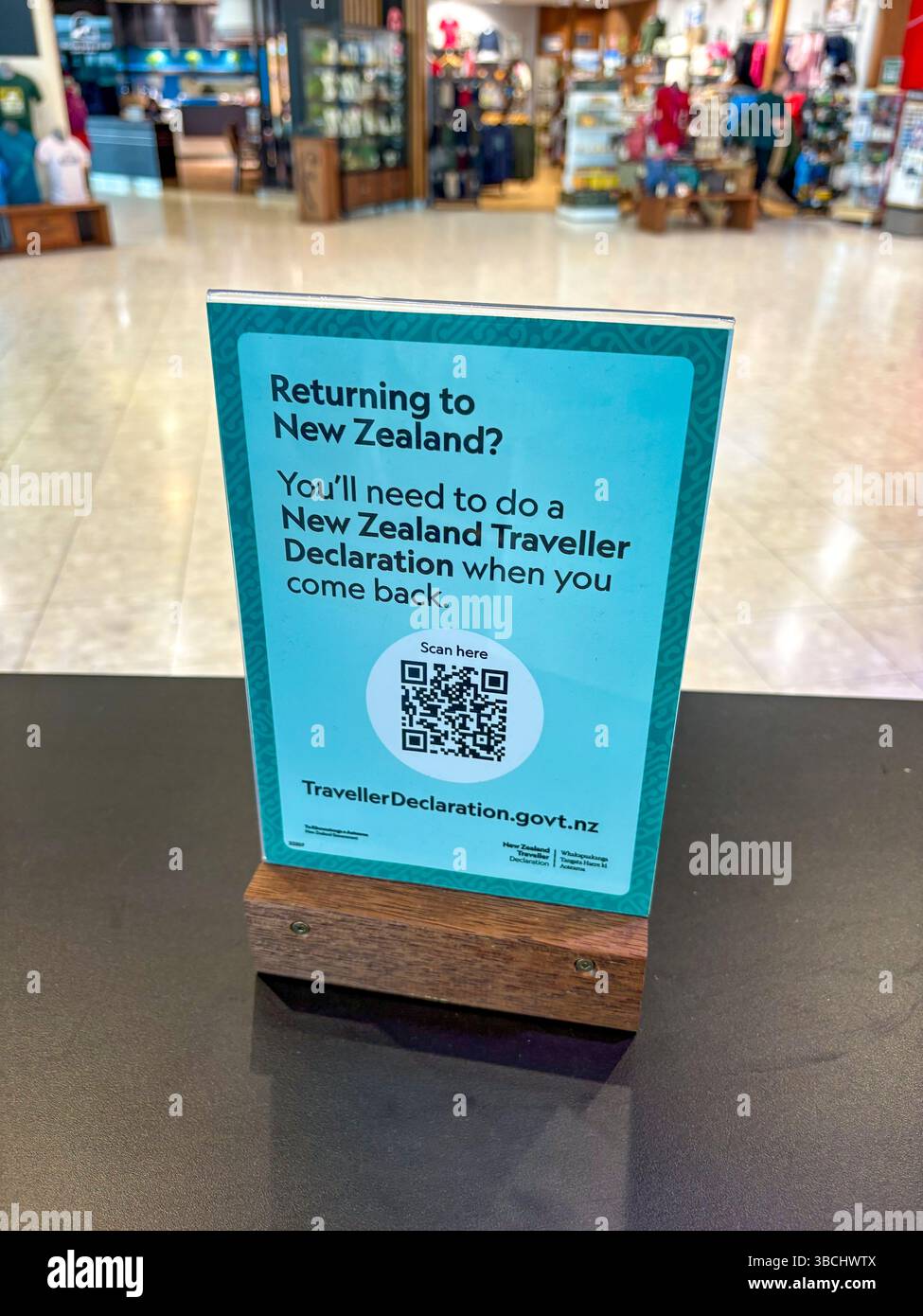 New Zealand traveller declaration with QR code for people returning to New Zealand, Christchurch international airport terminal - Smartphone Captured Stock Image