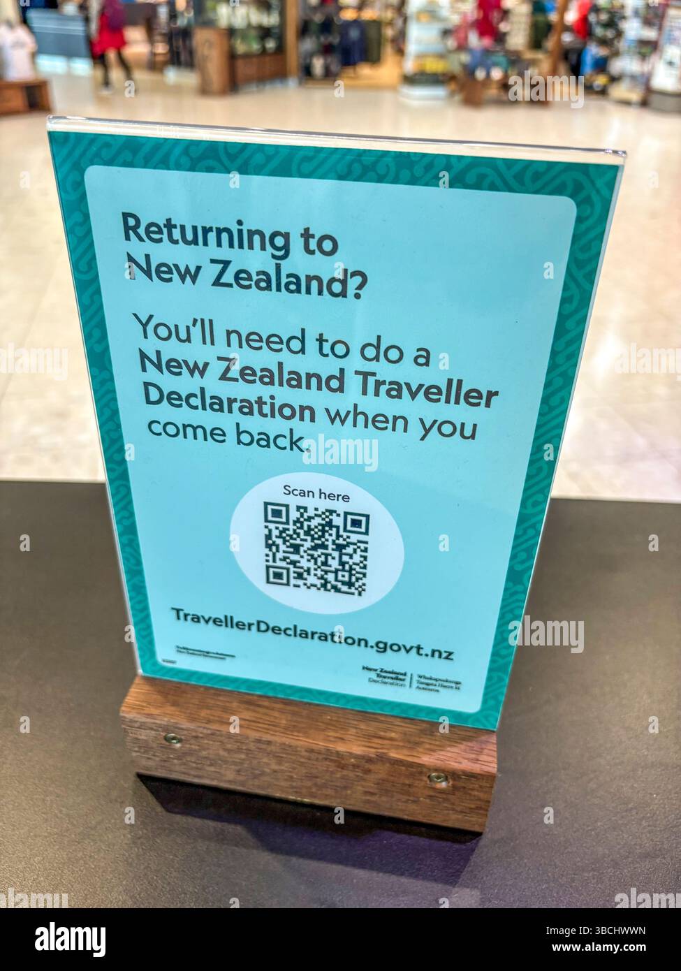 New Zealand traveller declaration with QR code for people returning to New Zealand, Christchurch international airport terminal - Smartphone Captured Stock Image