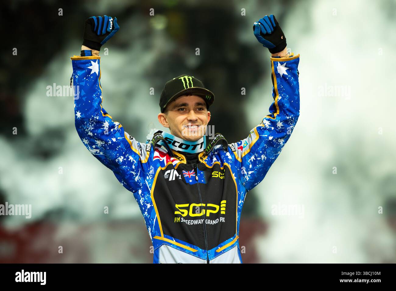 WARSZAWA, POLAND – MAY 17, 2025: Orlen Oil FIM Speedway Grand Prix of Poland in PGE Narodowy 2025. In photo winner Jack Holder (center). Stock Photo