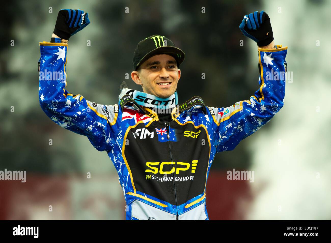 WARSZAWA, POLAND – MAY 17, 2025: Orlen Oil FIM Speedway Grand Prix of Poland in PGE Narodowy 2025. In photo winner Jack Holder (center). Stock Photo