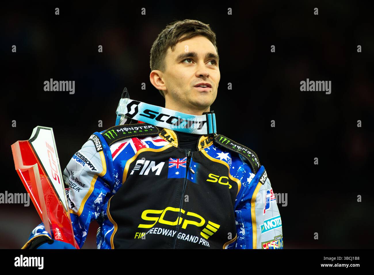 WARSZAWA, POLAND – MAY 17, 2025: Orlen Oil FIM Speedway Grand Prix of Poland in PGE Narodowy 2025. In photo winner Jack Holder (center). Stock Photo