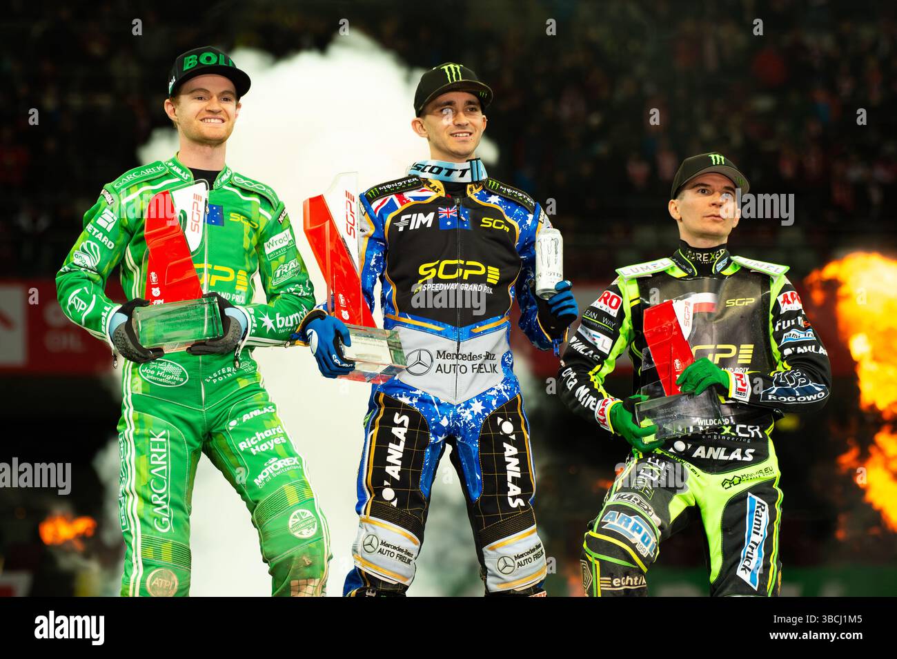 WARSZAWA, POLAND – MAY 17, 2025: Orlen Oil FIM Speedway Grand Prix of Poland in PGE Narodowy 2025. In photo from left: Brady Kurtz, Jack Holder (winner), Patryk Dudek. Stock Photo