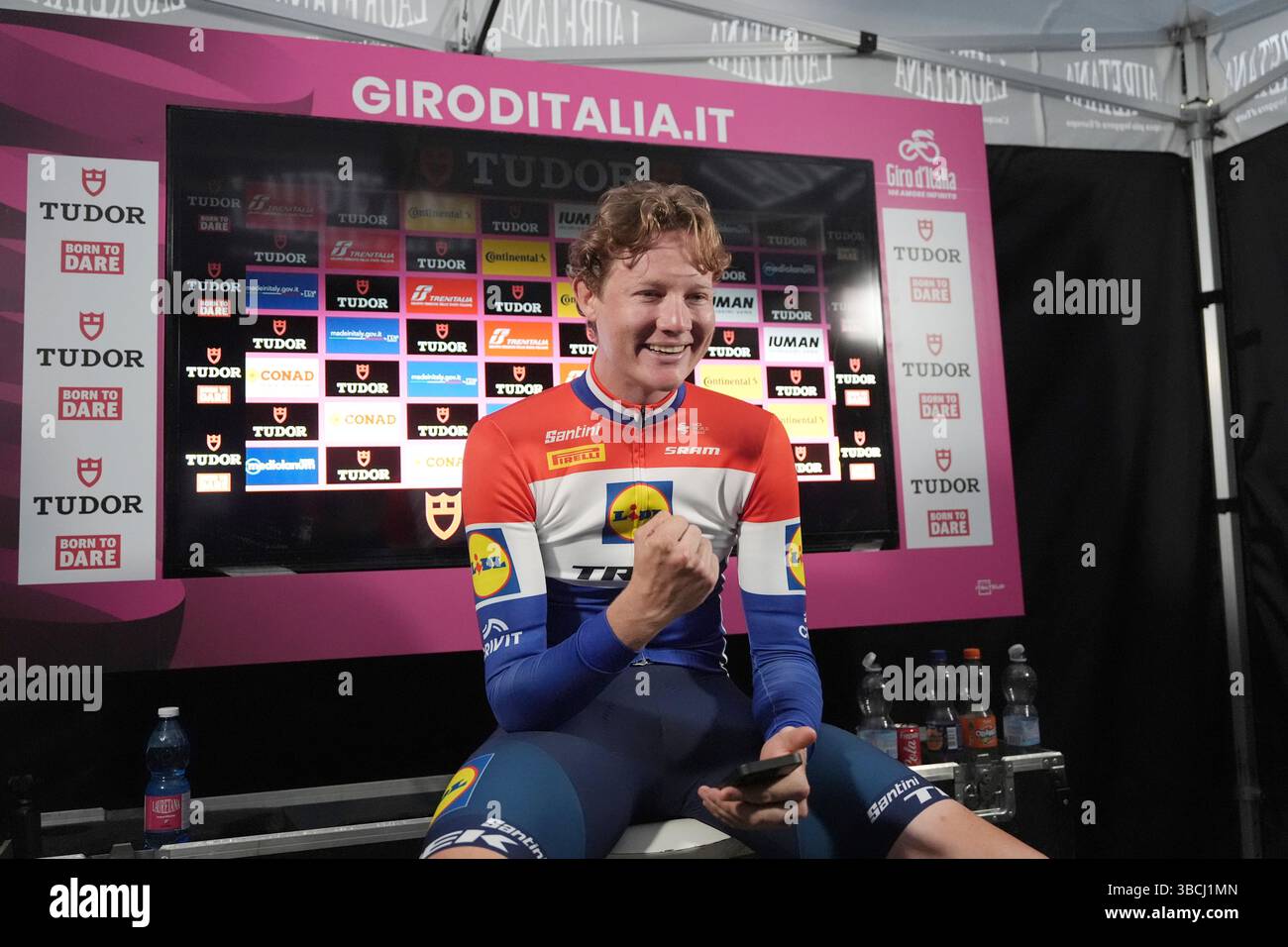 Dutch rider Daan Hoole reacts after winning the 10th stage of the Giro ...