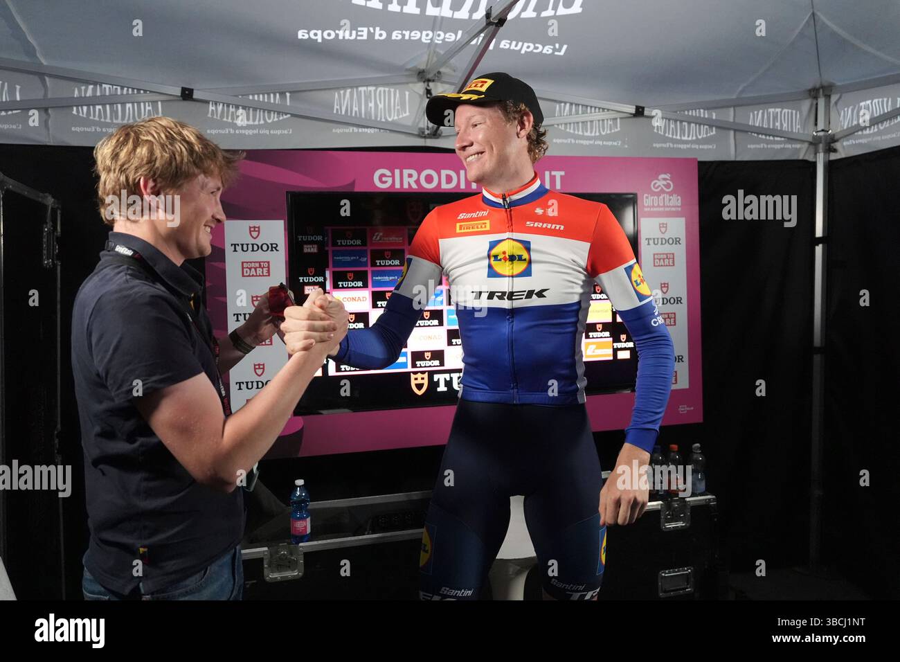 Dutch rider Daan Hoole reacts after winning the 10th stage of the Giro ...