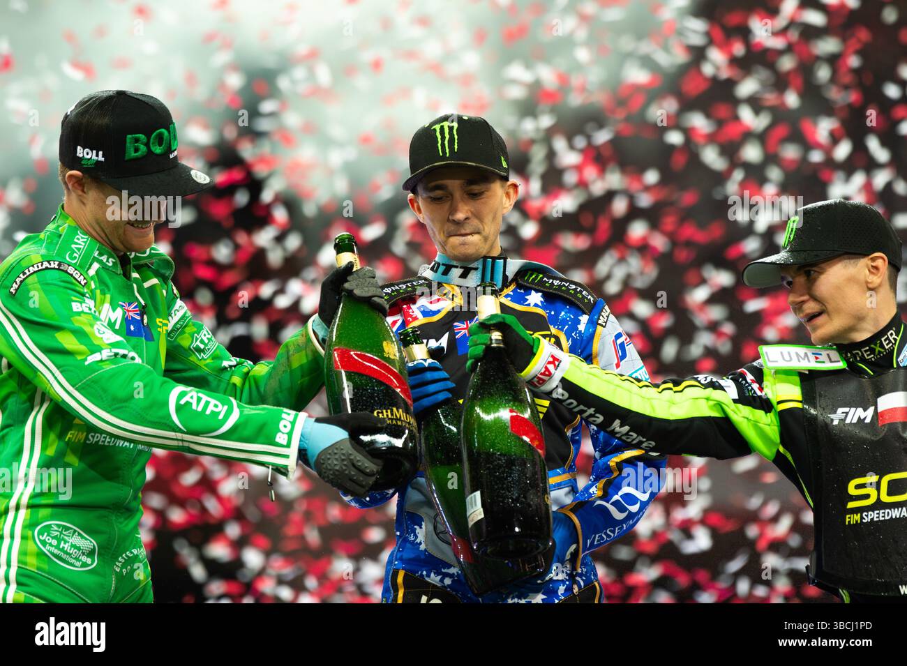 WARSZAWA, POLAND – MAY 17, 2025: Orlen Oil FIM Speedway Grand Prix of Poland in PGE Narodowy 2025. In photo from left: Brady Kurtz, Jack Holder (winner), Patryk Dudek. Stock Photo