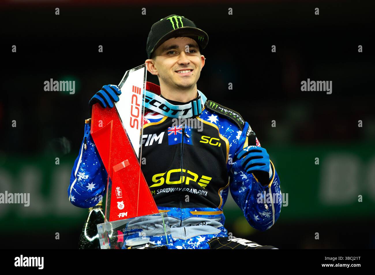 WARSZAWA, POLAND – MAY 17, 2025: Orlen Oil FIM Speedway Grand Prix of Poland in PGE Narodowy 2025. In photo winner Jack Holder (center). Stock Photo